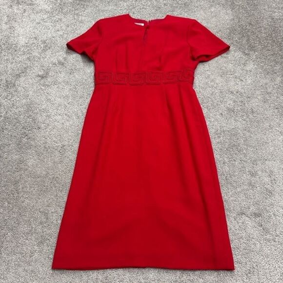 Maggy London Vintage Midi Sheath Dress Womens 2 Red Short Sleeve Keyhole Work - Picture 1 of 12
